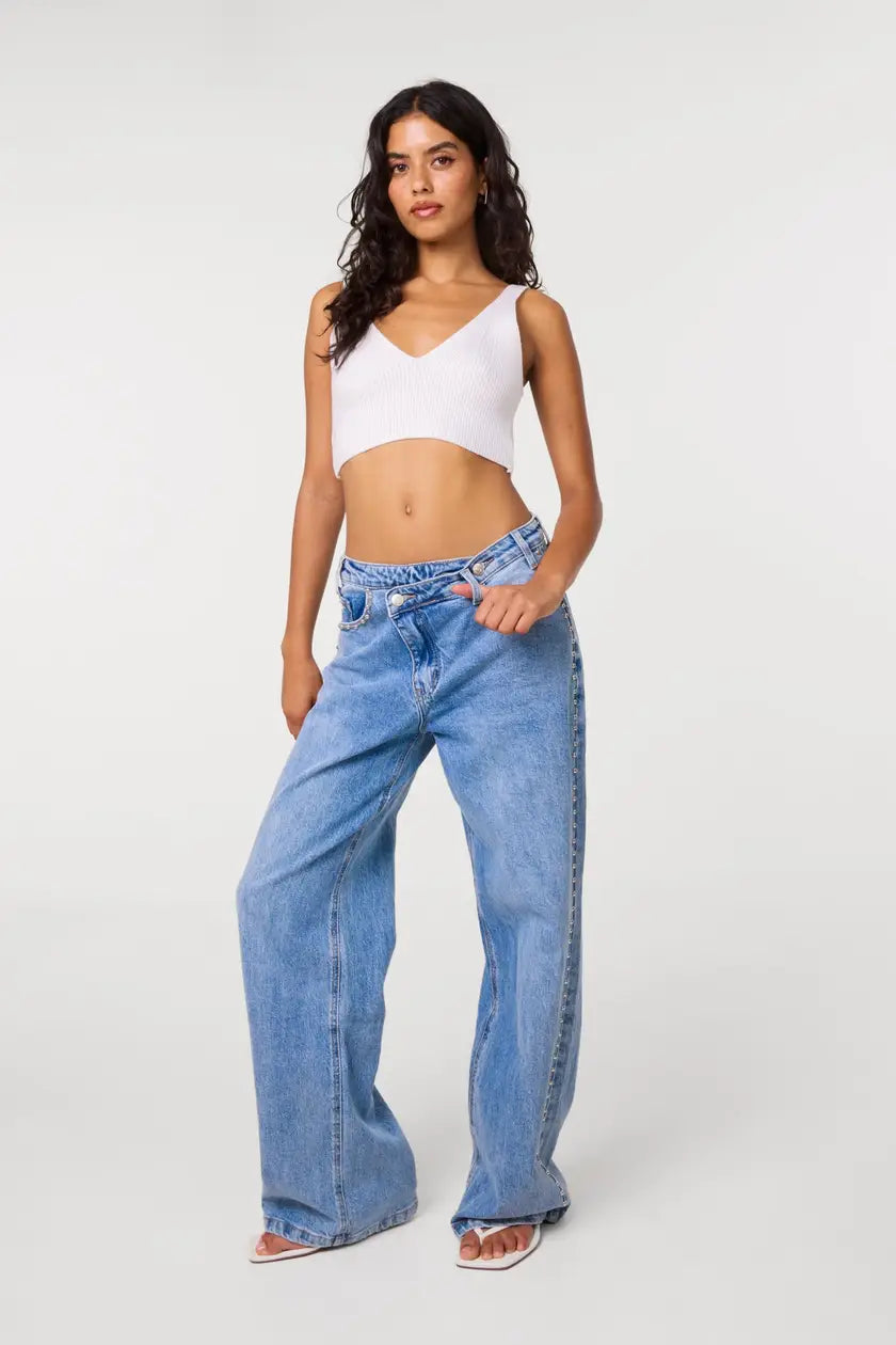 Light Blue Stud Detail Wide Leg Jeans