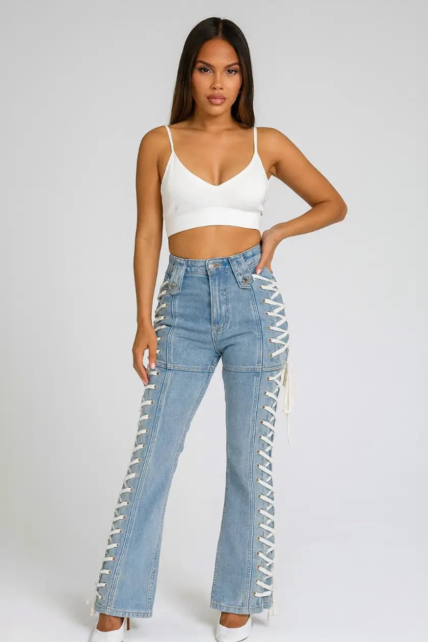Side Eyelet Lace Up Detail Denim Jeans