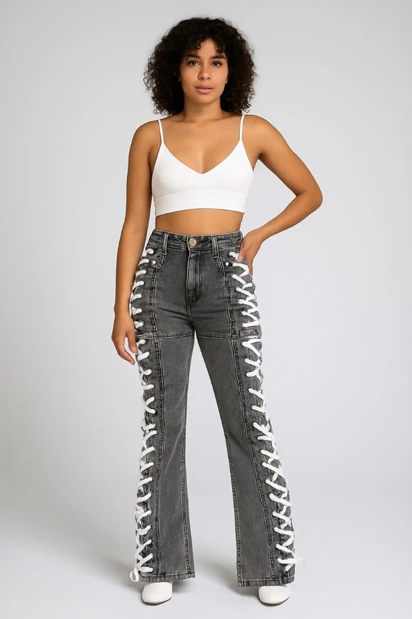 Side Eyelet Lace Up Detail - Straight - Denim Jeans