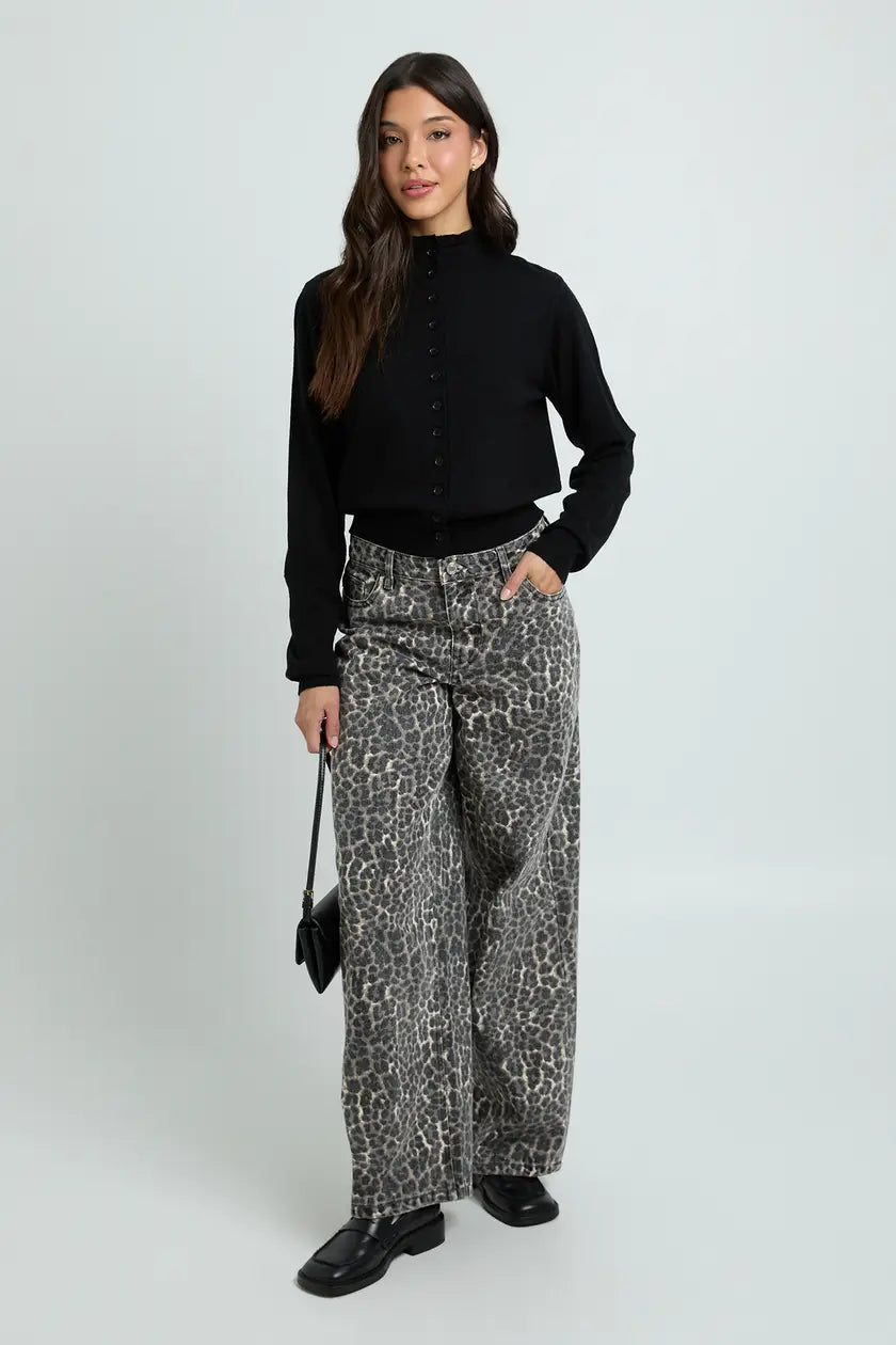 Leopard Print Mid Waist Loose Fit Wide Leg Jean