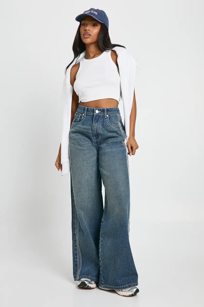 Stitched Detail High Waist Wide Leg Jean